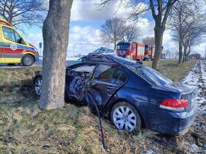 Read more about the article Wypadek na DW112: BMW wypadło z drogi i uderzyło w drzewo