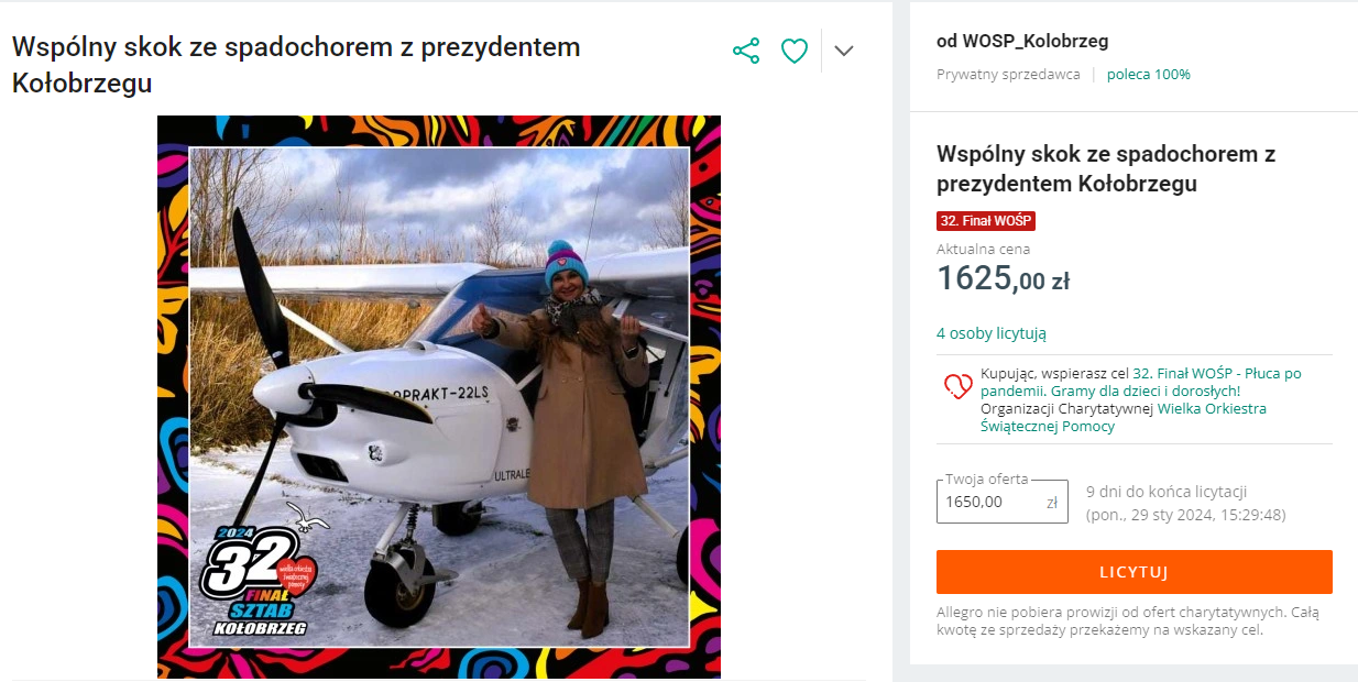 You are currently viewing Licytuj skok ze spadochronem z prezydent Kołobrzegu. Dochód z aukcji zasili skarbonkę WOŚP