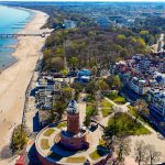 widok z góry na plażę i latarnię morską w Kołobrzegu