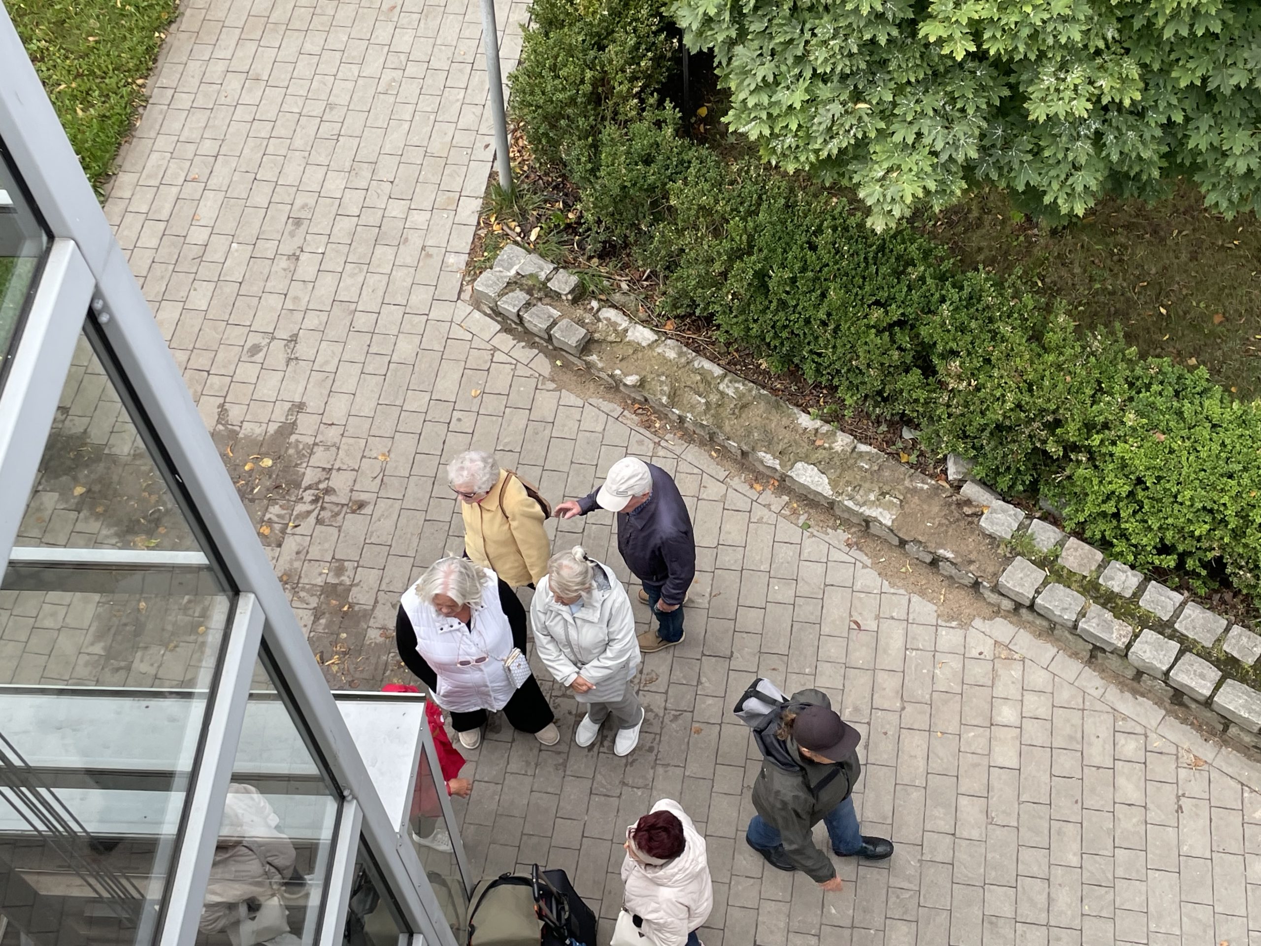 seniorzy stoją przed nieczynną windą na kładkę kolejową w Kołobrzegu